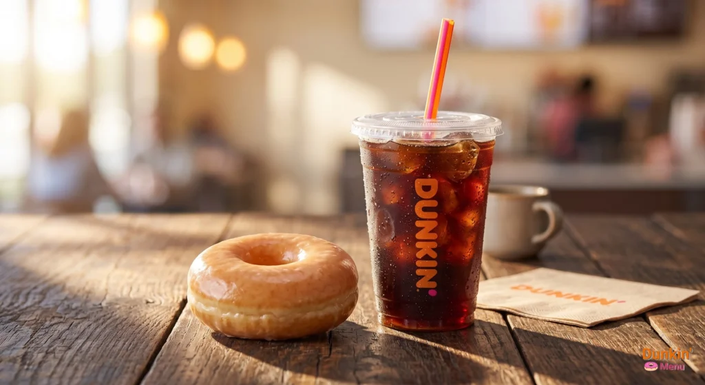 A fresh glazed donut next to an iced coffee, perfect for checking Dunkin Donuts Hours.