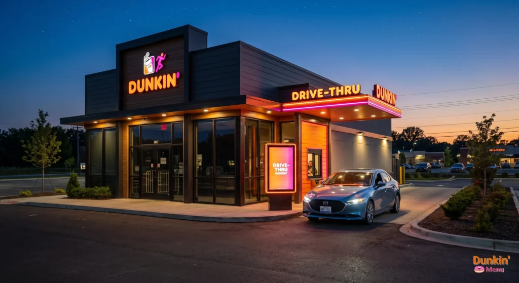 A standalone Dunkin' restaurant at night showing a brightly lit active drive-thru lane while the main lobby is closed.