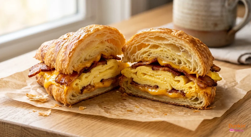 A fresh bacon egg and cheese croissant sandwich cut in half to show warm premium breakfast layers.