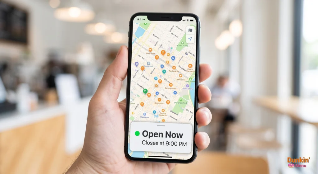 A hand holding a smartphone displaying a live store locator map with real-time operational hours.