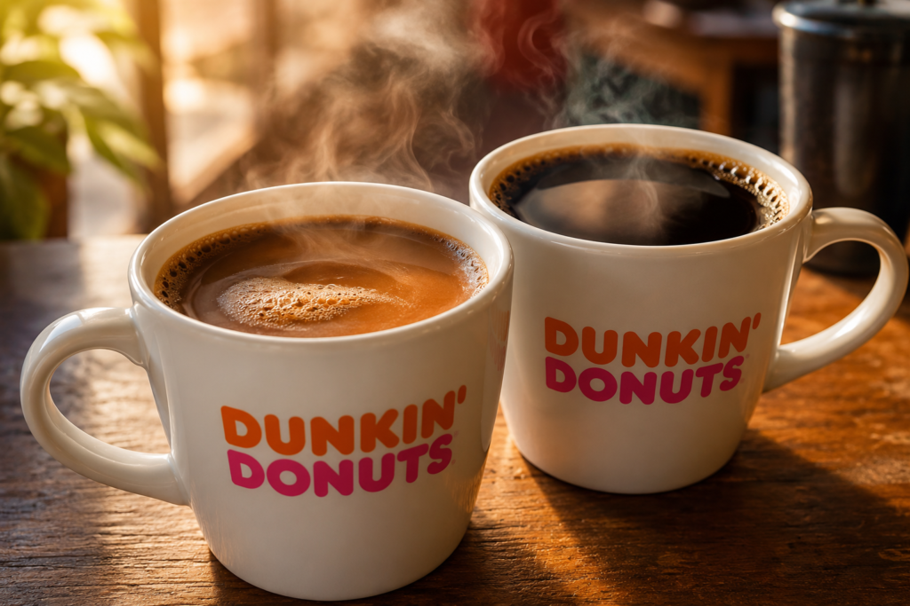 Dunkin hot coffee menu selection featuring Original Blend and Midnight dark roast coffee.