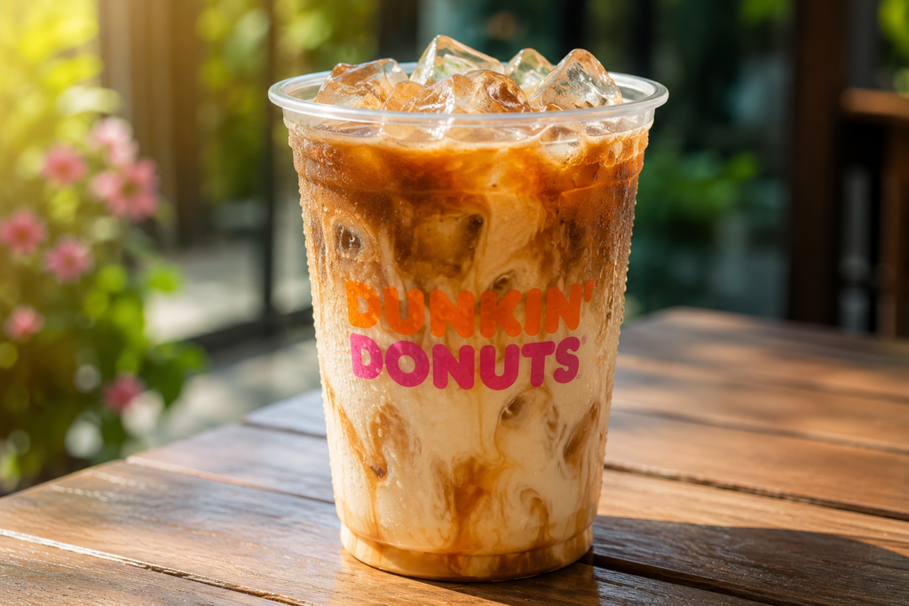 Refreshing Dunkin iced coffee with milk and ice cubes in a clear cup.