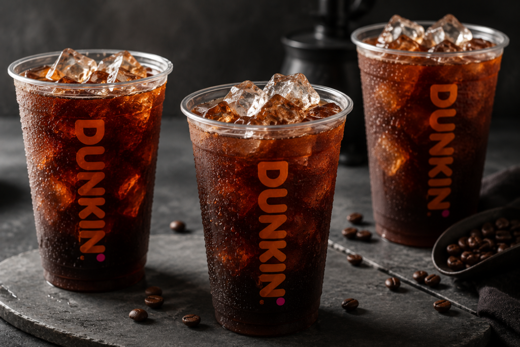 Smooth dark Dunkin cold brew coffee served over ice blocks.