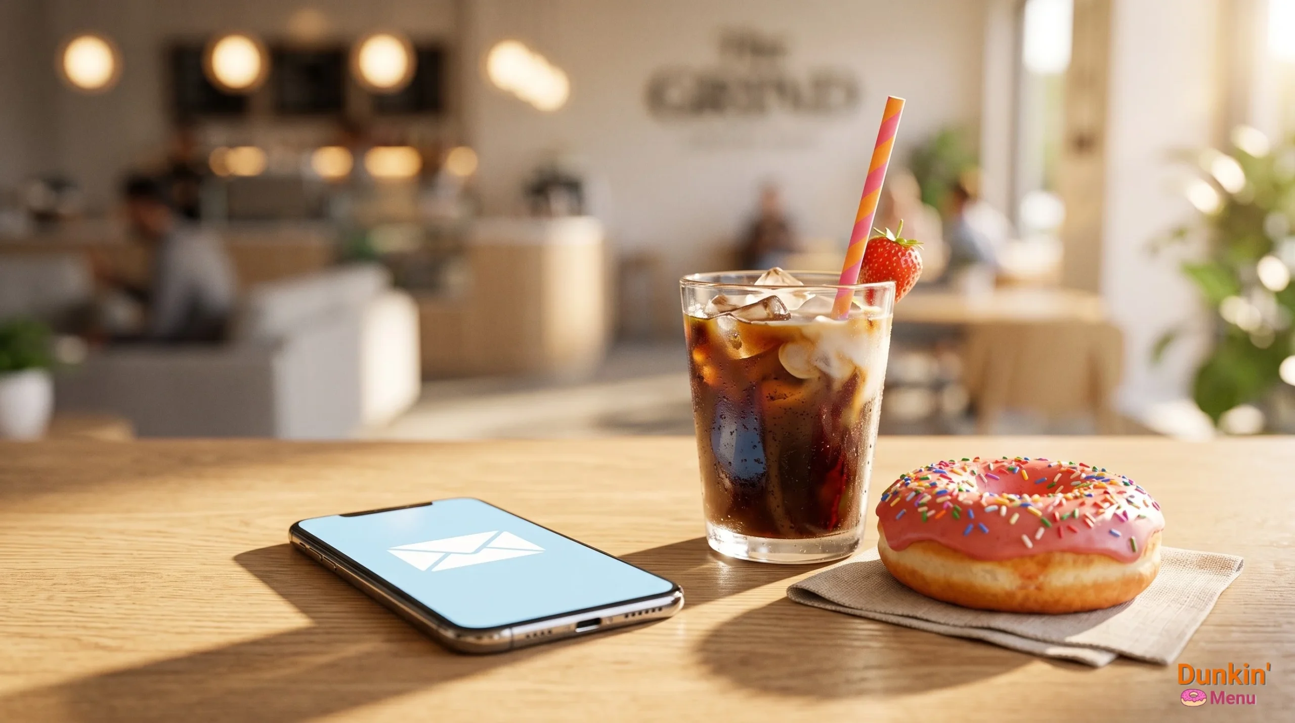 A cozy cafe scene with iced coffee and a donut, perfect for users looking to Contact Us.