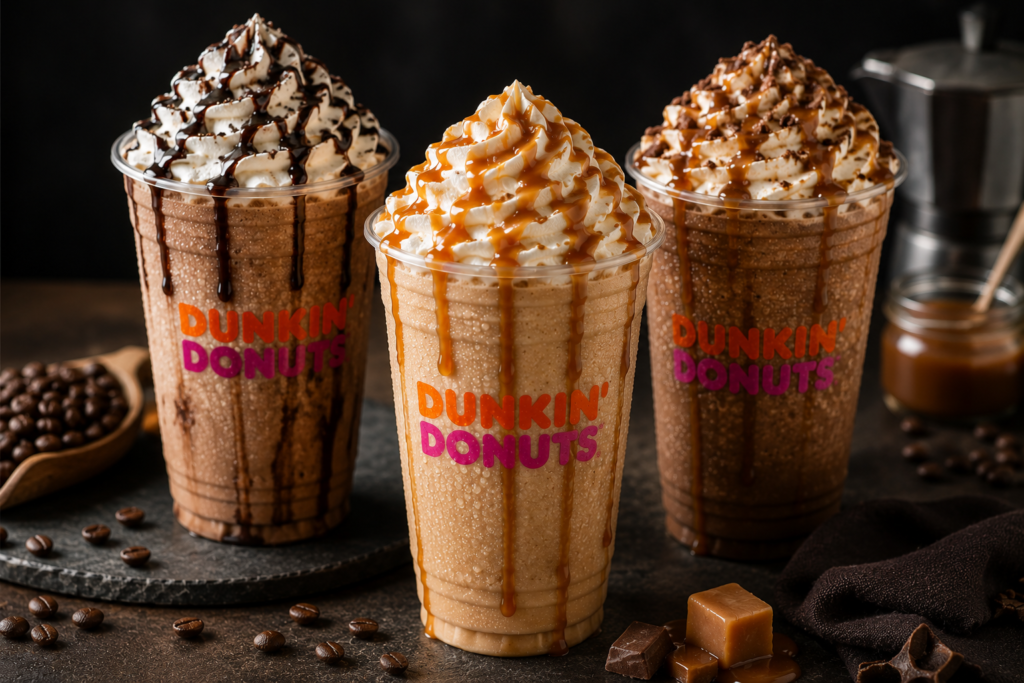 Thick blended frozen coffee topped with whipped cream and caramel drizzle.