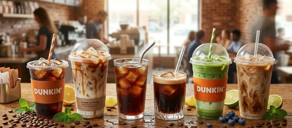 Iced coffee and cold brew drinks served over ice in clear cups