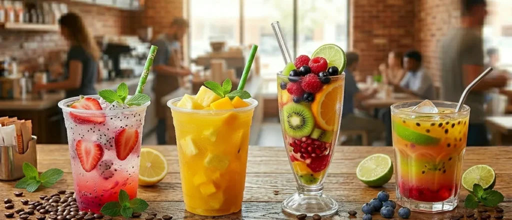 Colorful fruit refreshers including strawberry dragonfruit and mango pineapple flavors