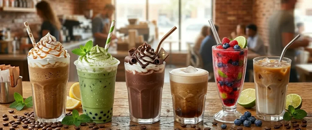 Frozen coffee frozen chocolate and frozen matcha drinks topped with whipped cream