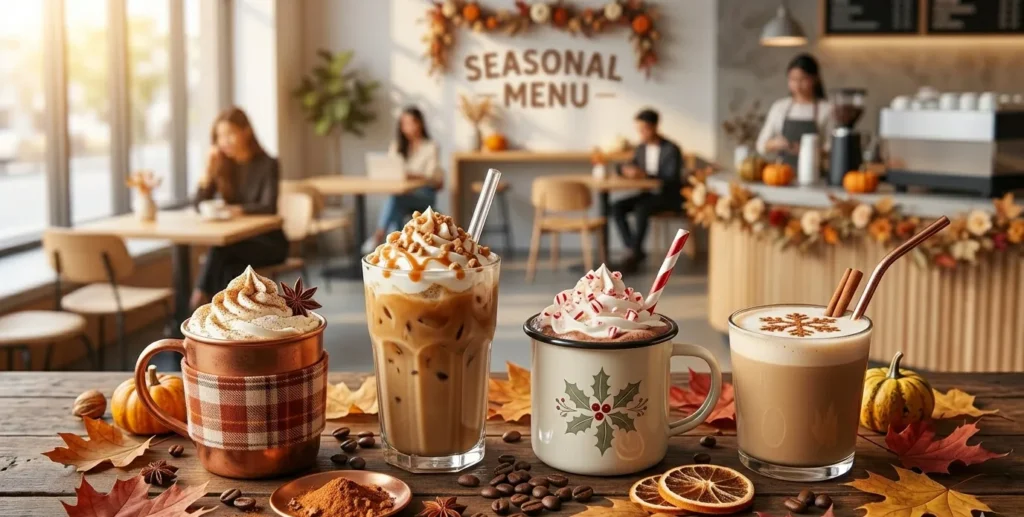 Pumpkin spice latte and holiday-themed seasonal coffee drinks