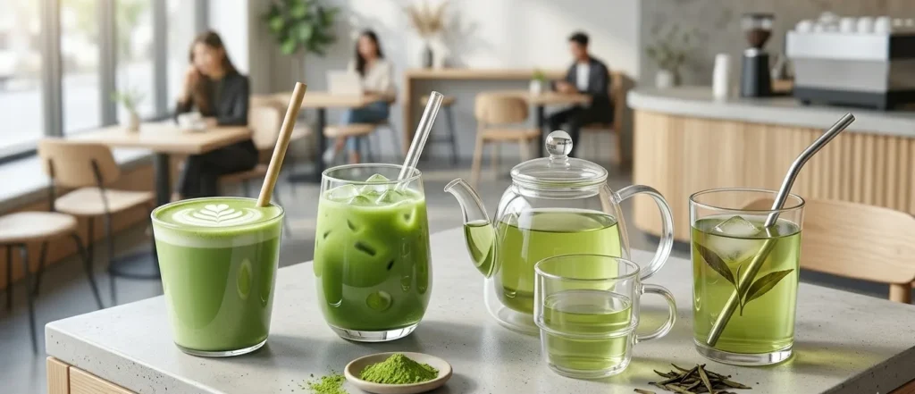 Green matcha latte and iced tea beverages