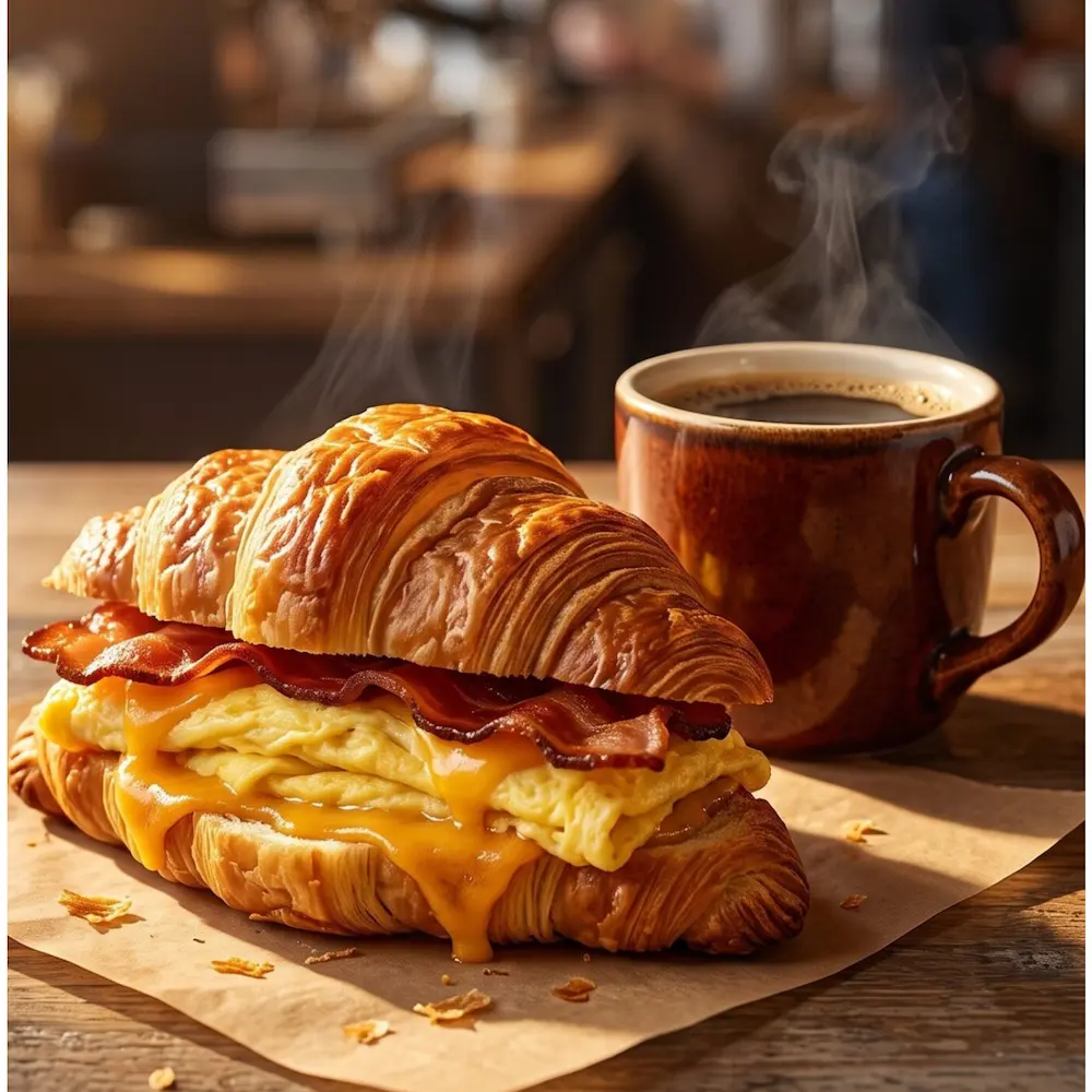 A vertical, warm-lit photograph of a hot bacon, egg, and cheese croissant sandwich and a hot coffee.