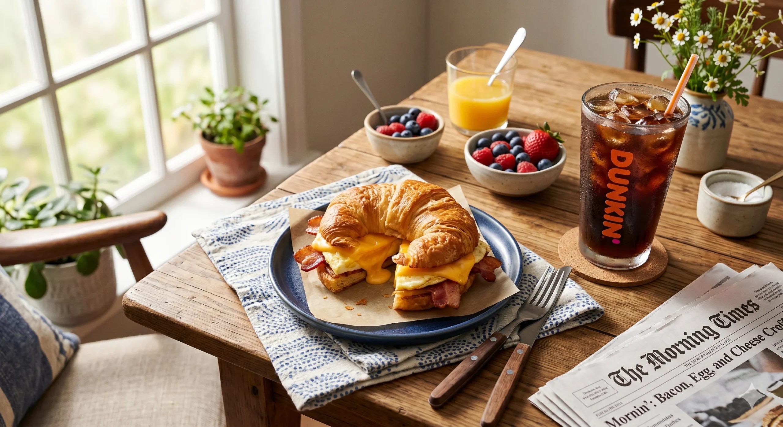 Overhead lifestyle view of a warm toasted Dunkin breakfast menu croissant sandwich with melted American cheese and crispy bacon next to an iced cold brew coffee.