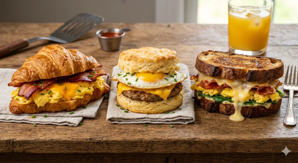 Three classic Dunkin breakfast sandwiches displayed side-by-side showcasing the texture differences between a flaky croissant, buttermilk biscuit, and artisan sourdough bread.