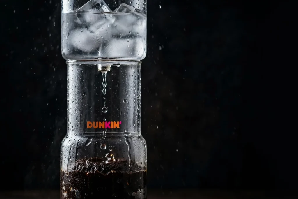 Smooth dark Dunkin cold brew coffee served over ice blocks.