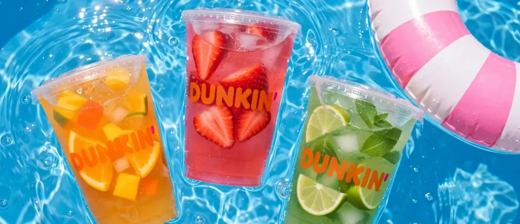 Colorful fruit refreshers including strawberry dragonfruit and mango pineapple flavors