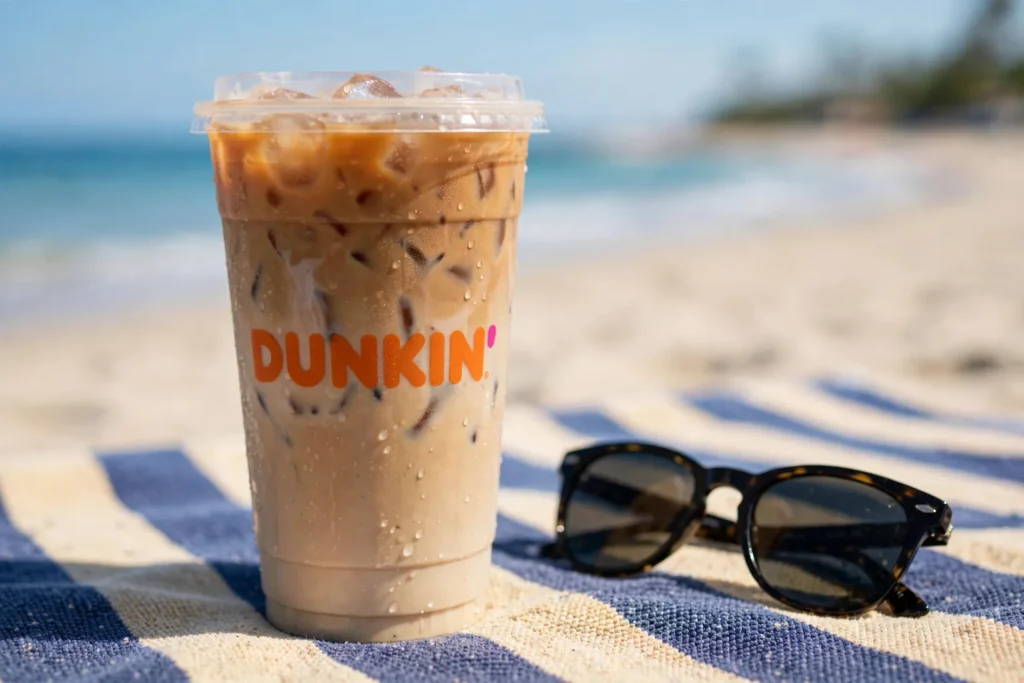Refreshing Dunkin iced coffee with milk and ice cubes in a clear cup.