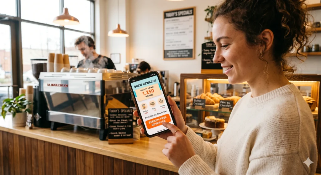 Close-up of a customer using a mobile smartphone to redeem points for a free beverage reward inside a modern coffee shop lane.