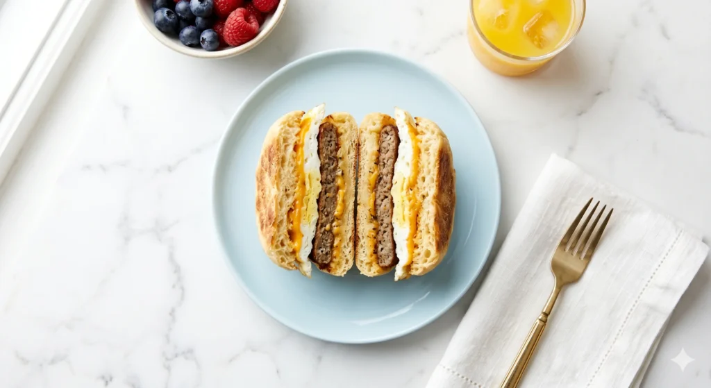 A high-angle editorial food photograph of a macro-friendly Turkey Sausage, Egg, and Cheese English Muffin cleanly sliced in half on a white marble surface.