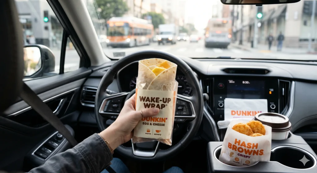 A first-person view of a driver holding a portable egg and cheese Dunkin Wake-Up Wrap inside a car next to a side of round, golden hash browns.
