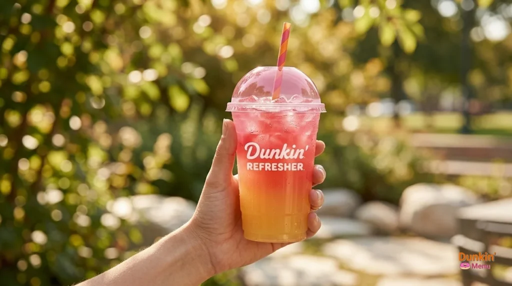 Person holding a Dunkin Refresher drink outdoors on a sunny day