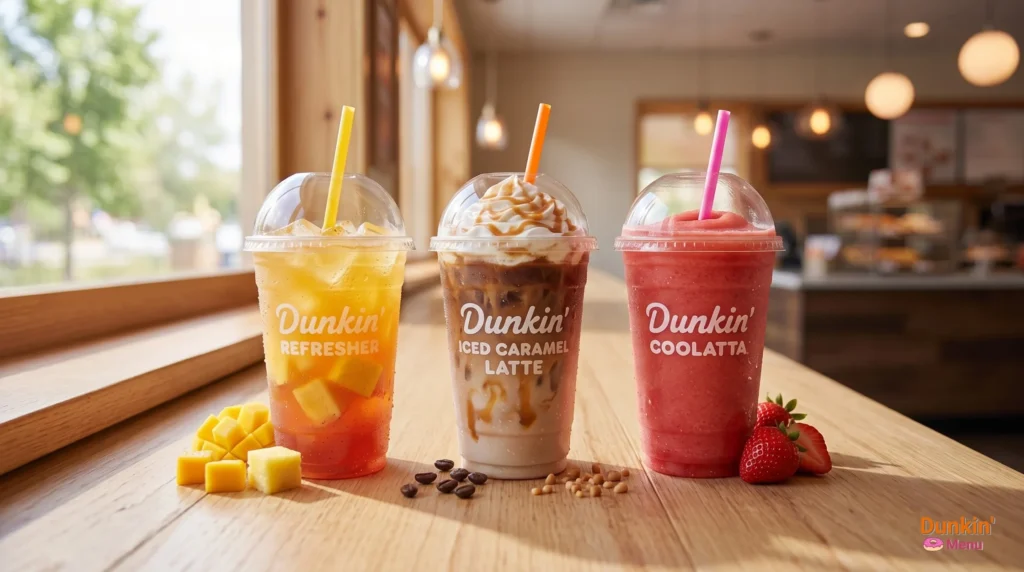 Comparison of Dunkin Refresher, iced latte, and Coolatta drinks side by side