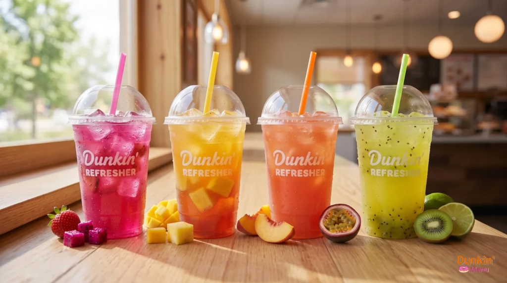 Lineup of different Dunkin Refreshers flavors showing their colors side by side