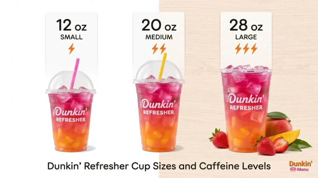 Chart showing Dunkin Refresher caffeine content by size small medium large