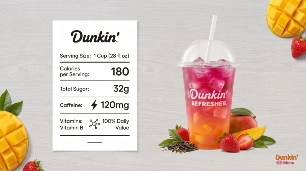 Nutrition facts label next to a Dunkin Refresher showing calories and sugar
