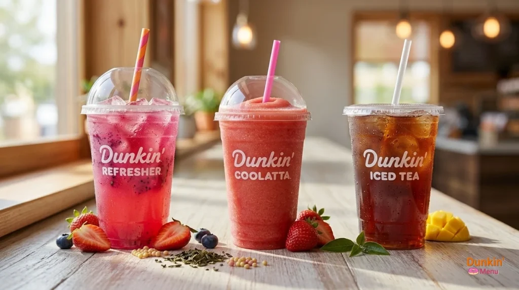 Comparison of Dunkin Refresher Coolatta and iced tea side by side