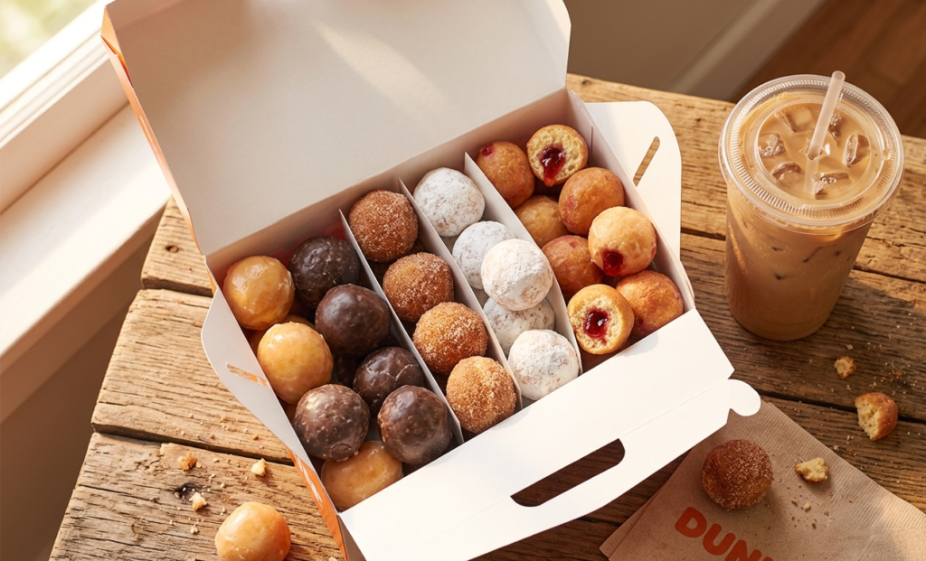 Box of assorted Dunkin Donuts Munchkins with glazed, chocolate, and powdered sugar flavors next to iced coffee