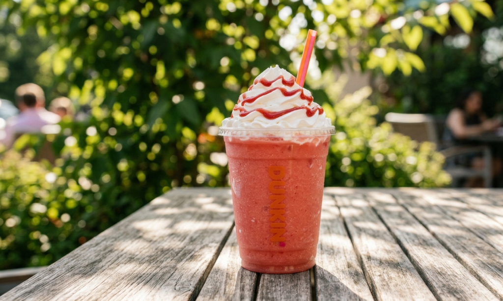 A vibrant strawberry-pink frozen blended drink from Dunkin', topped with whipped cream and strawberry drizzle, sitting on a weathered wooden table with blurred green trees in the background.