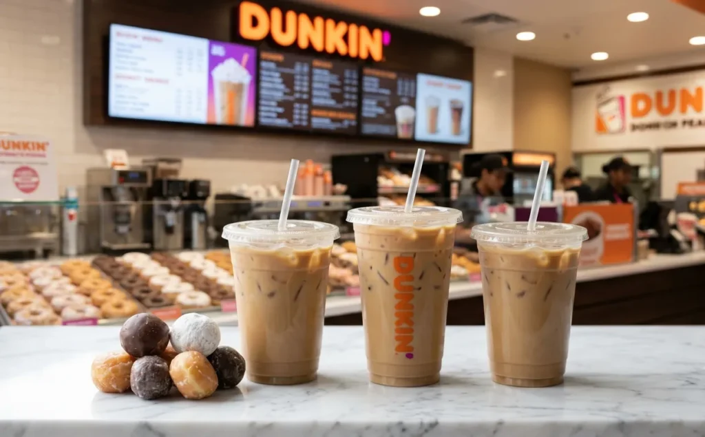 Small serving of Dunkin Munchkins next to an iced coffee cup