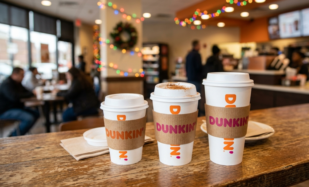 A hot seasonal Dunkin' coffee paper cup with a sprinkle of cinnamon on the lid, illustrating a limited-time holiday secret menu recipe.