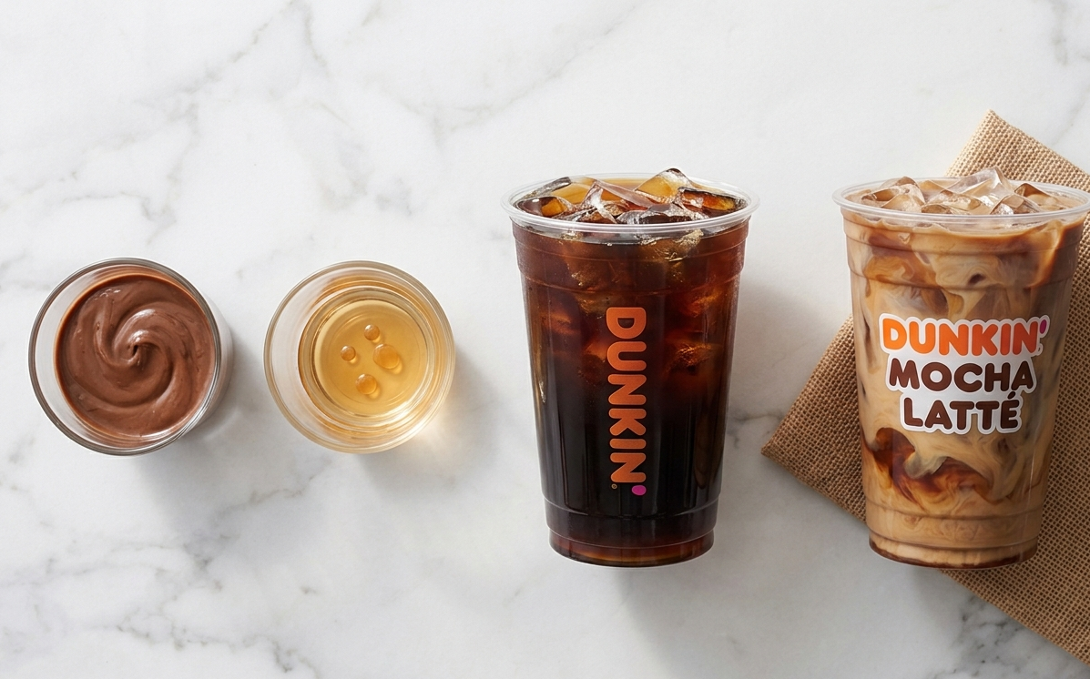 Four different Dunkin' beverage cups lined up on a wooden counter showcasing menu options: a medium iced coffee with cream, a medium hot coffee in a sleeve, an extra-large hot coffee cup, and a medium iced Dunkin' Refresher drink.