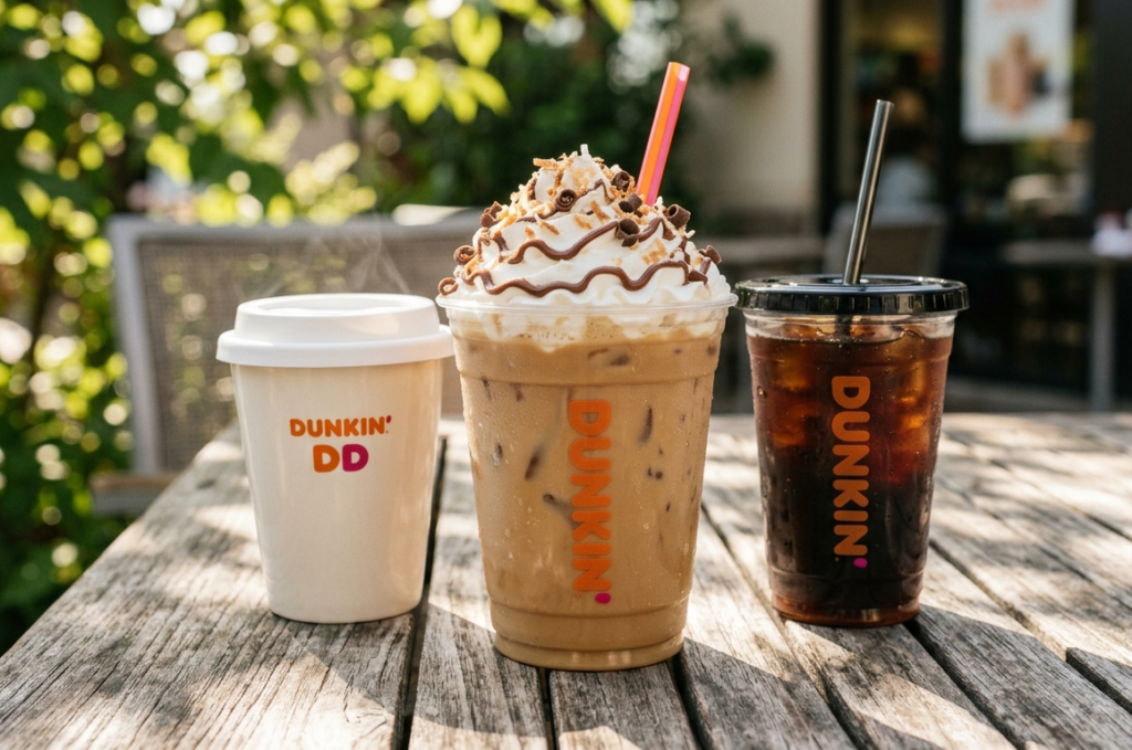 A flat-lay view on a white marble background showing a cup of black Dunkin' iced coffee next to a mixed iced mocha latte, alongside small glass dishes containing thick chocolate mocha flavor swirl syrup and clear amber toasted almond flavor shot liquid.