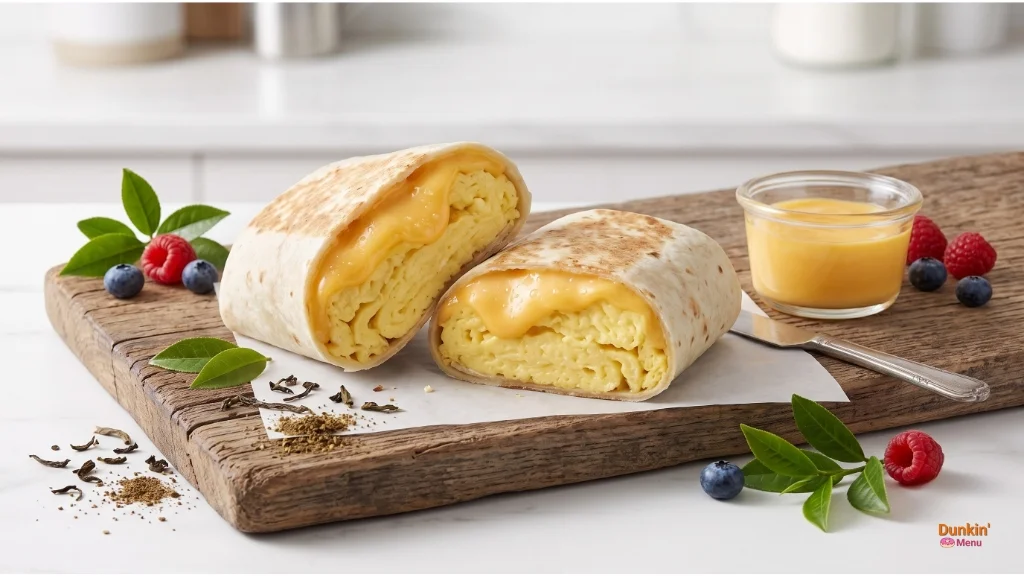 Cross-section of a Dunkin' Wake-Up Wrap showing ingredients