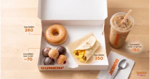 Dunkin' Donuts nutrition facts shown across donuts, munchkins, coffee, and breakfast items