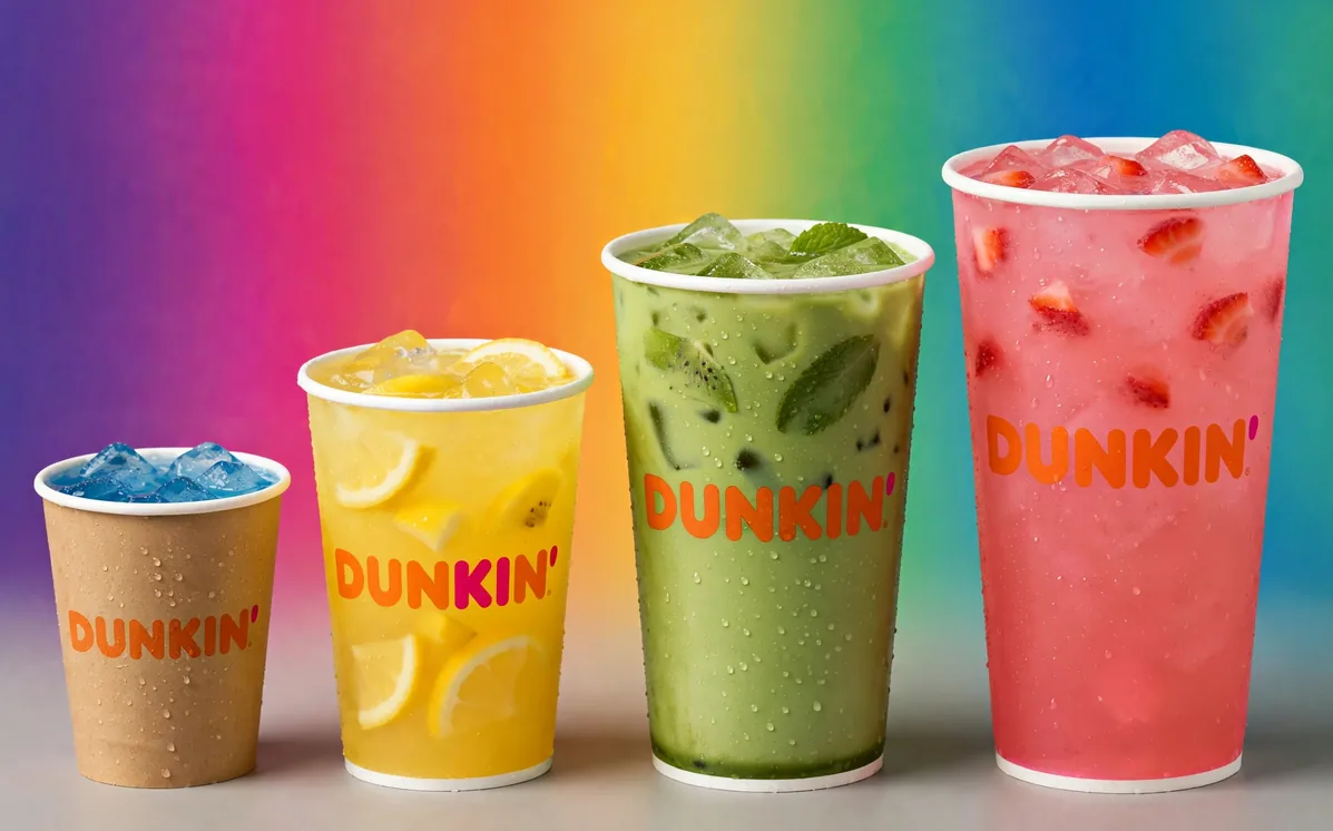 Four different Dunkin' beverage cups lined up on a wooden counter showcasing menu options: a medium iced coffee with cream, a medium hot coffee in a sleeve, an extra-large hot coffee cup, and a medium iced Dunkin' Refresher drink.