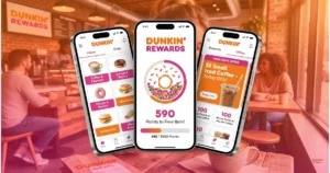Dunkin' Donuts app screens showing mobile ordering, Dunkin' Rewards points, and app-exclusive offers