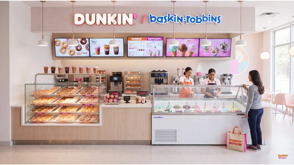 An interior counter showing a combined Dunkin Donuts and Baskin Robbins storefront offering coffee and ice cream.