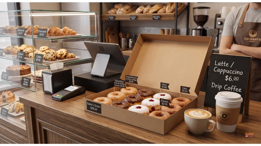 Dozen donut box displayed beside coffee and pricing information