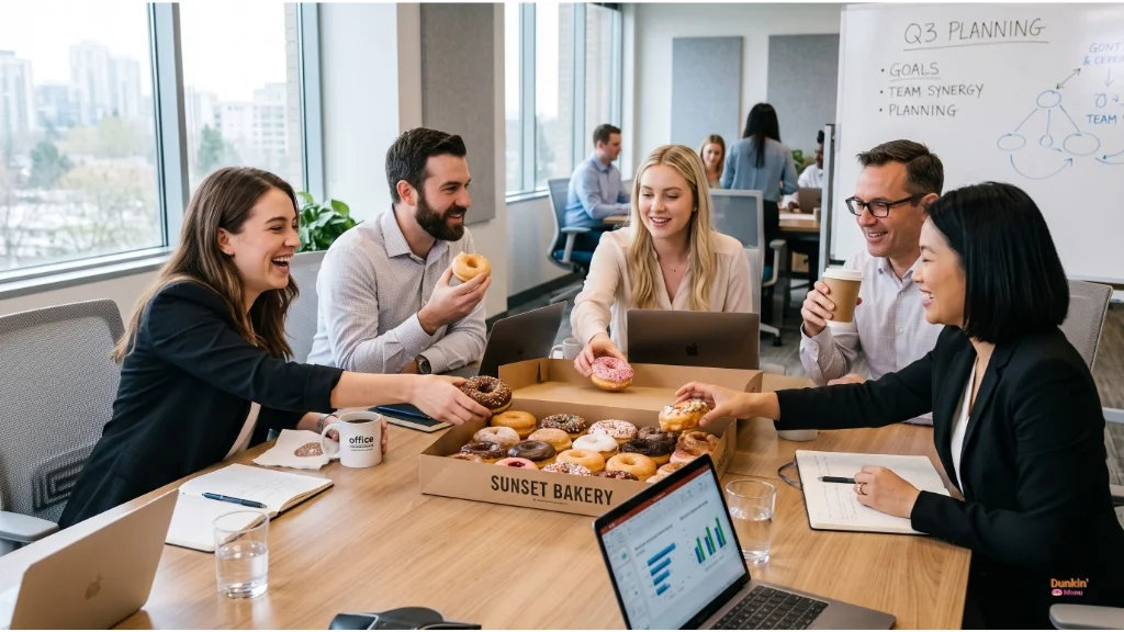 Coworkers sharing assorted donuts during a meeting