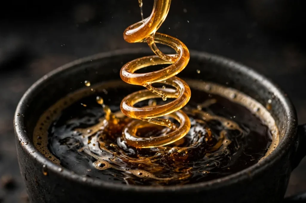 A flat-lay view on a white marble background showing a cup of black Dunkin' iced coffee next to a mixed iced mocha latte, alongside small glass dishes containing thick chocolate mocha flavor swirl syrup and clear amber toasted almond flavor shot liquid.