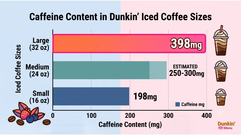 Bar chart comparing Dunkin' iced coffee caffeine by size, from 198mg small to 398mg large
