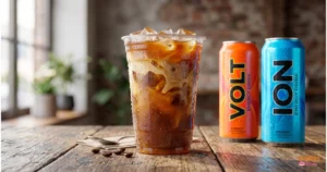 A large clear cup of Dunkin iced coffee showing cream swirls next to two energy drink cans to compare caffeine content.