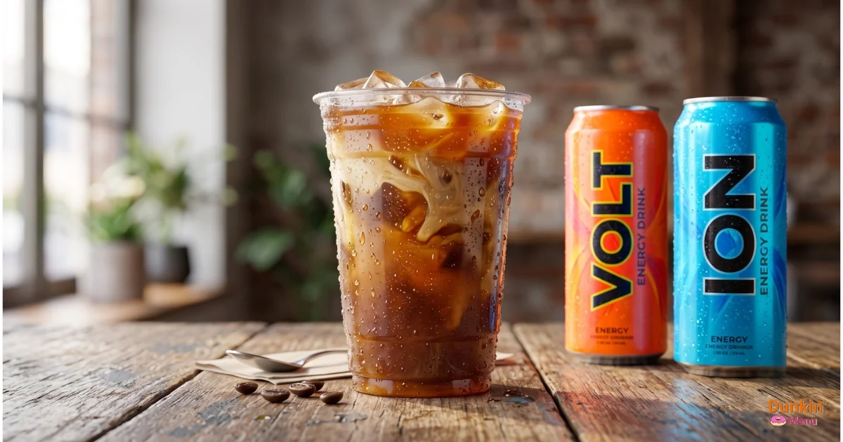 A large clear cup of Dunkin iced coffee showing cream swirls next to two energy drink cans to compare caffeine content.