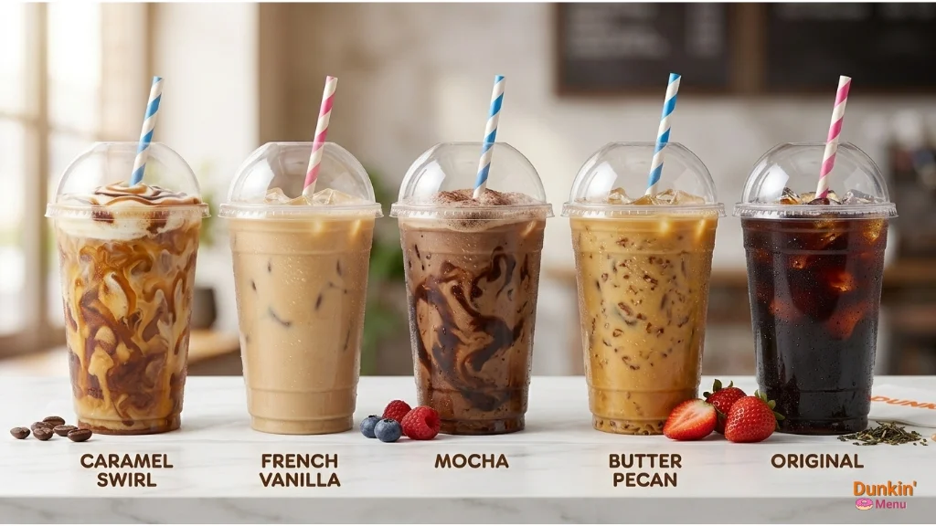 Lineup of Dunkin' iced coffee flavors shown side by side in clear cups