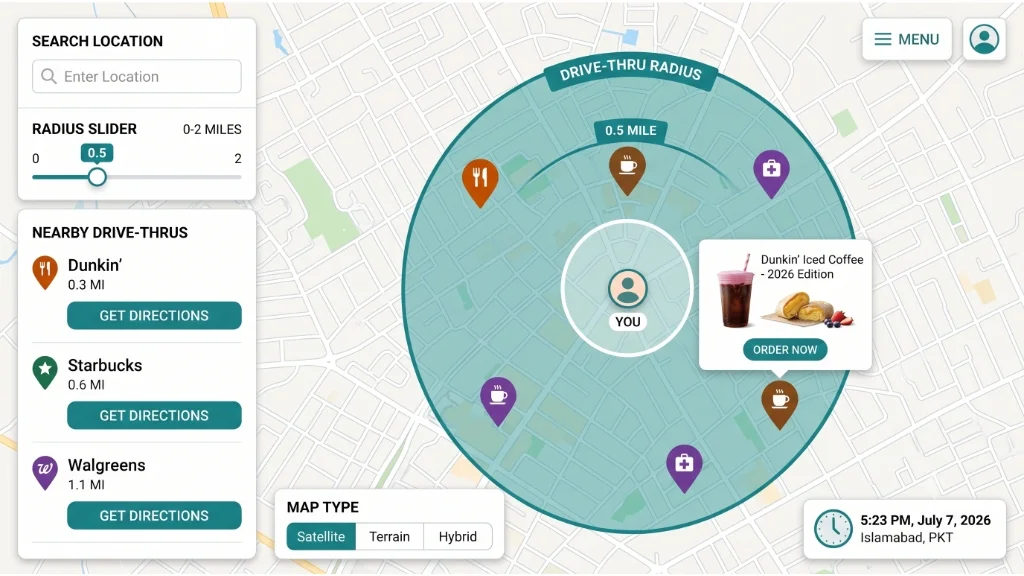 An interactive digital UI map mockup demonstrating local Dunkin drive-thru outlets within a custom radius slider.