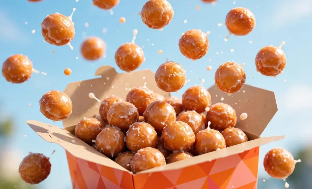 Box of assorted Dunkin Donuts Munchkins with glazed, chocolate, and powdered sugar flavors next to iced coffee