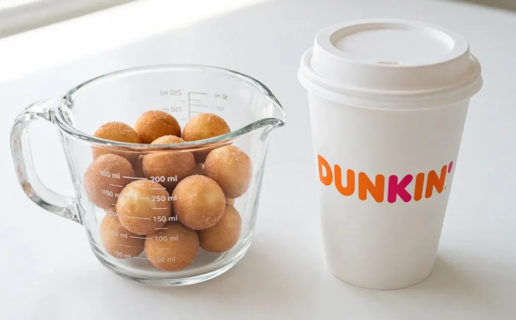 Small serving of Dunkin Munchkins next to an iced coffee cup